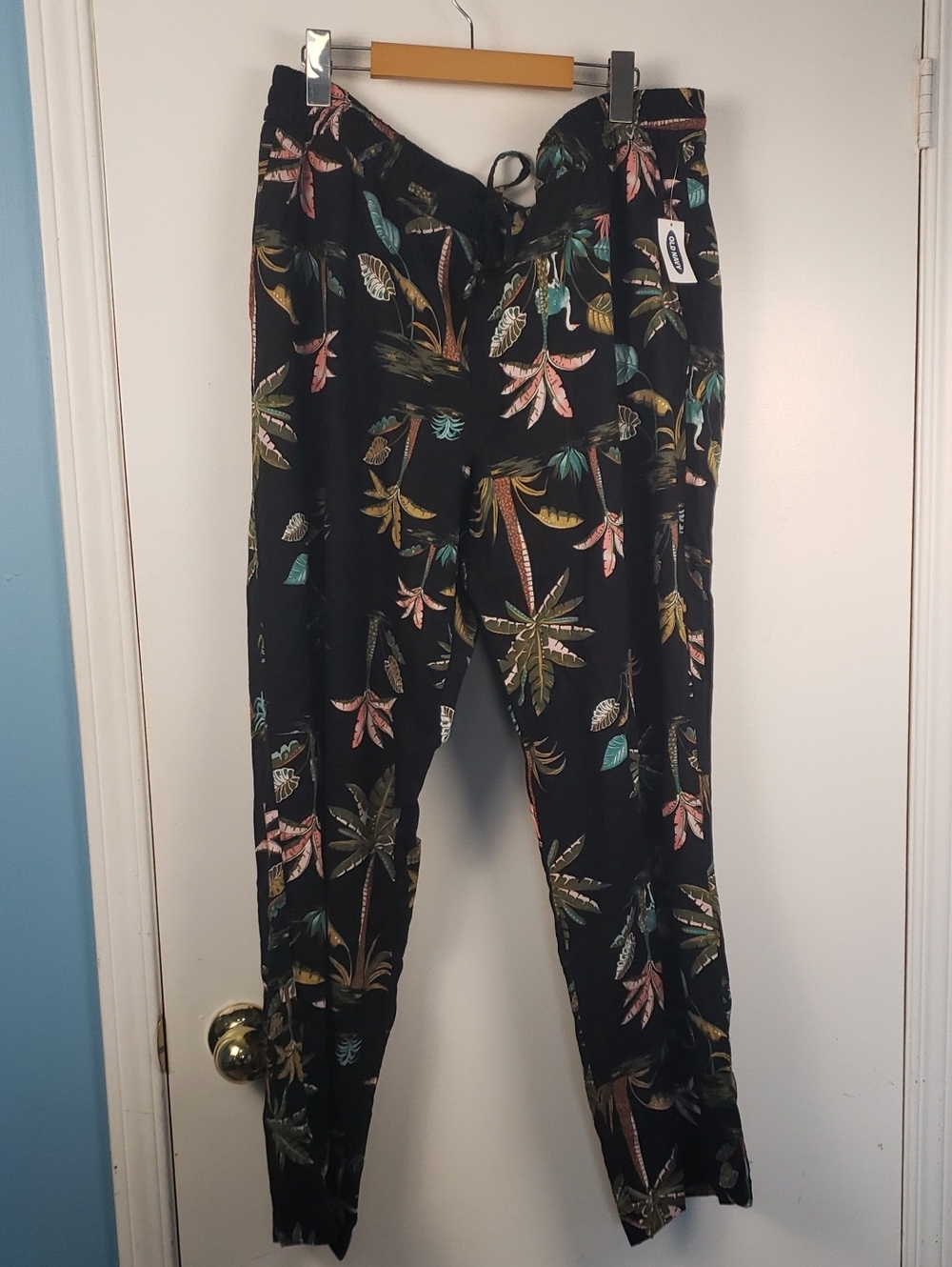 Old Navy Nwt XL Drawstring Black Tropical Print Jogger Pants Nwt Linen Blend